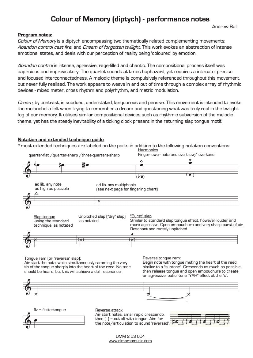 Colour of Memory for Saxophone Quartet (Diptych)