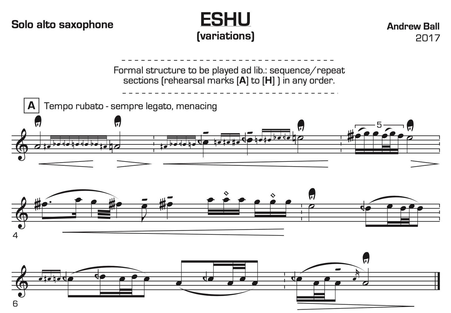 Eshu for Solo Saxophone by Andrew Ball. Available for purchase at Di Marco Music's online sheet music store!