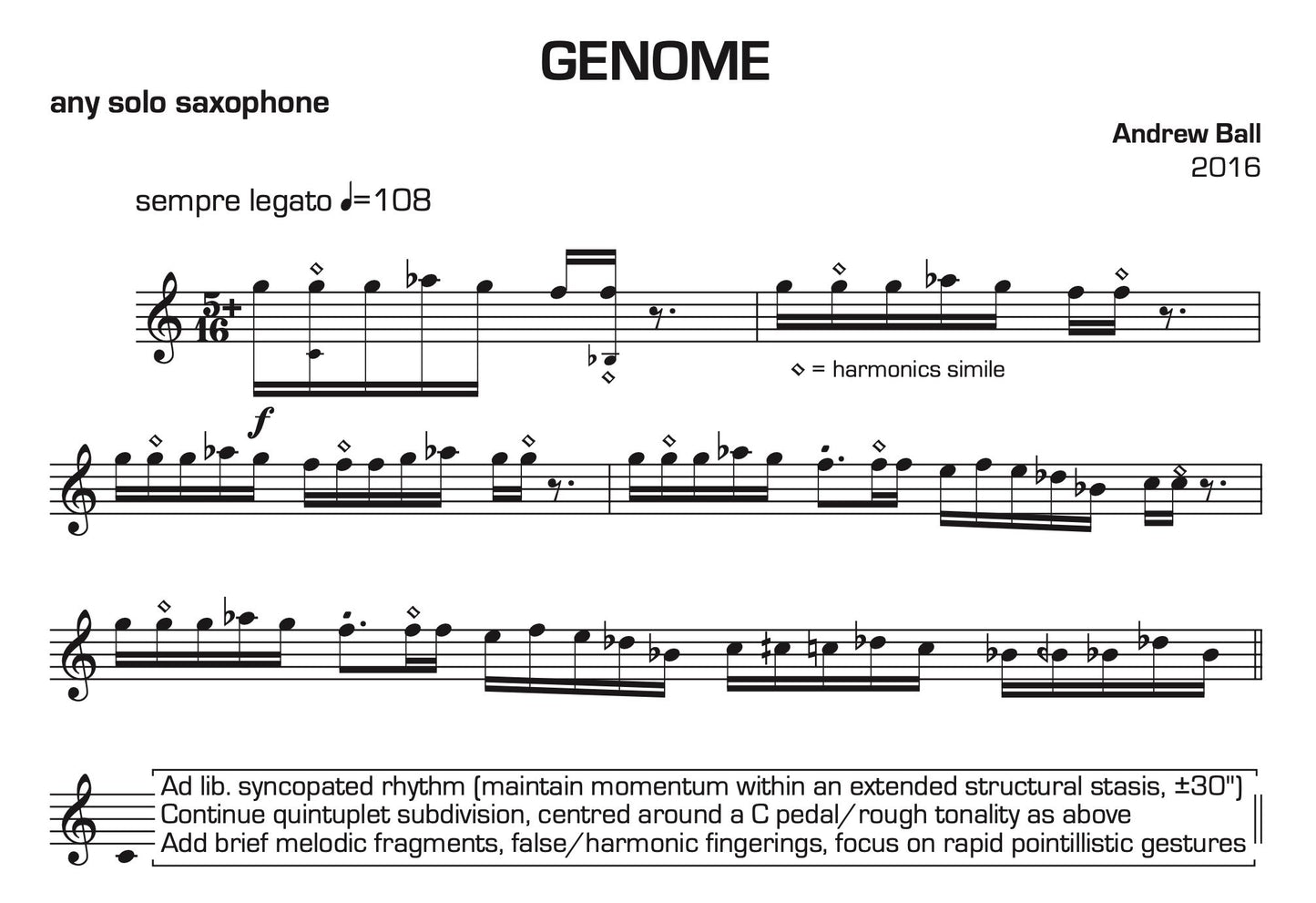Genome for Solo Saxophone by Australian composer Andrew Ball. Published by Di Marco Music and available on the online sheet music store!